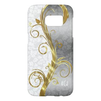 Monogrammed White And Silver Floral Damask