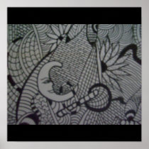 moon and flowers abstract black and white posters