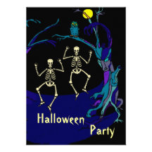 Moon Owl Skeletons Spooky Halloween Invitations