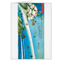 Moon Seen through Maple Leaves and Waterfall Greeting Cards