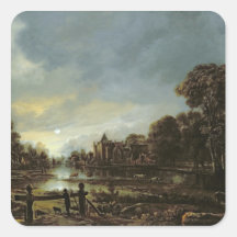 Moonlit River Landscape with Cottages Square Stickers