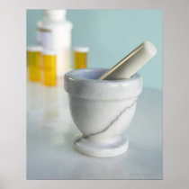 Mortar and pestle, pill bottles in background posters