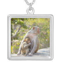Mother and baby Rhesus Macaque monkeys on wall Necklace