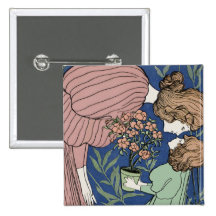 Mother and Daughter - Art Nouveau Pinback Buttons