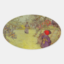 Mother and Daughter in the Apple Orchard Oval Sticker