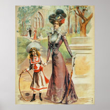 Mother and daughter on a walk (colour litho) print