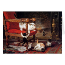 MOTHER CAT PLAYING WITH KITTENS CARD