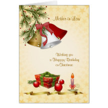 Mother-in-Law, Birthday on Christmas - bells, cand Card