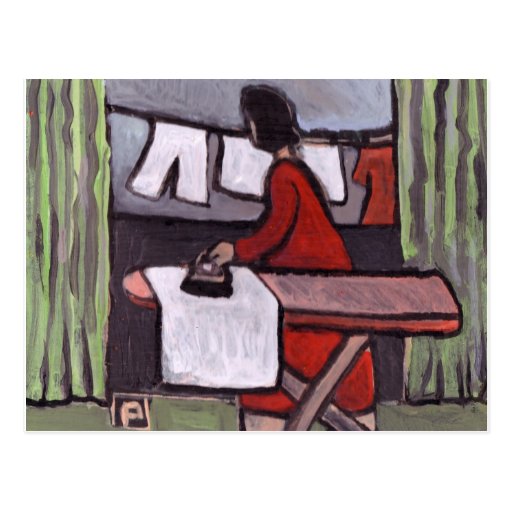 Mother ironing postcard