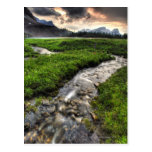 Mountain creek descends through meadow towards post cards