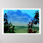 Mountains and firery trees landscape poster