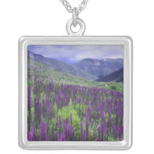 Mountains and wildflowers in alpine meadow, 2 custom necklace