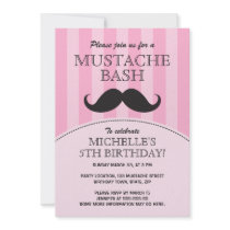 Moustache bash birthday party invitation, pink
