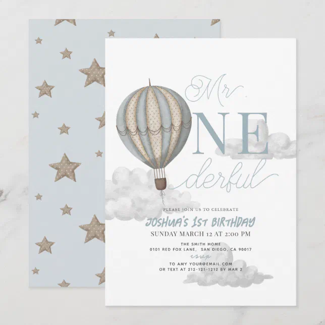 Mr Onederful Blue Hot Air Balloon 1st Birthday Invitation Zazzle
