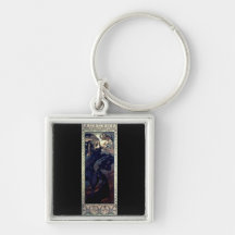 mucha art deco night star black dress woman keychain