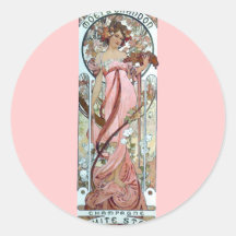 mucha art deco white star champagne woman round sticker
