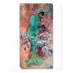Mucha Winter art nouveau lady sparrows birds Post Card