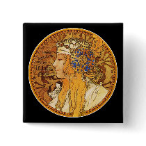 Mucha - Woman with Jewels - Vintage Art Pinback Buttons