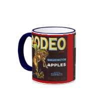 MUG~ VINTAGE RODEO BRONC &RIDER APPLE CRATE LABEL!