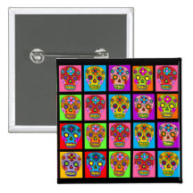 Multicolor Sugar Skull Squares Pinback Button