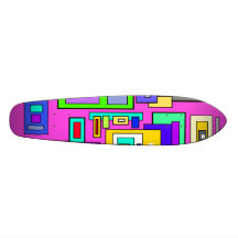Multicolored squares and rectangle pattern on pink skate board decks