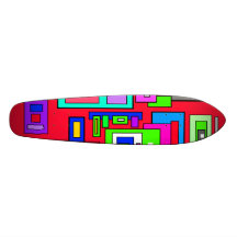 Multicolored squares and rectangle pattern on red skate decks