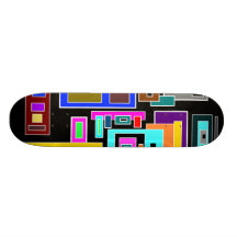 Multicolored squares and rectangles on black skate board decks