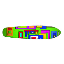 Multicolored squares and rectangles on green skate deck