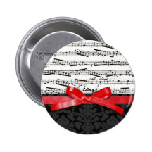 Music notes and faux red ribbon pinback button