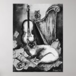 MUSICAL CAT ,Black and White Poster