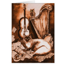 MUSICAL CAT ,Brown and White Greeting Cards