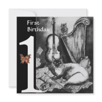 MUSICAL CAT First Birthday Party, Black White Custom Invitation