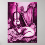 MUSICAL CAT ,PInk Violet and White Print