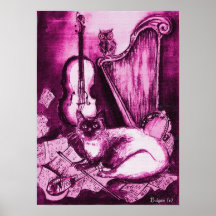 MUSICAL CAT ,PInk Violet and White Posters