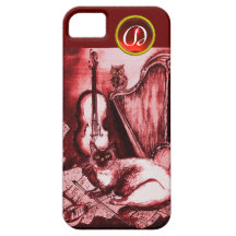 MUSICAL CAT WITH OWL IN RED RUBY GEM MONOGRAM iPhone 5 CASE