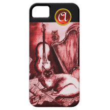 MUSICAL CAT WITH OWL IN RED RUBY GEM MONOGRAM iPhone 5 COVERS