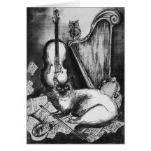 MUSICAL FATHER'S DAY CAT AND OWL  Black White Greeting Cards