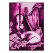 MUSICAL FATHER'S DAY CAT ,Pink Fuchsia White Greeting Card