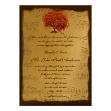 Musical Gold Orange Plum Heart Leaf Tree Weddings Announcement
