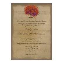 Musical Gold Orange Plum Heart Leaf Tree Weddings Announcements