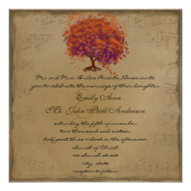 Musical Gold Orange Plum Heart Leaf Tree Weddings Custom Invite