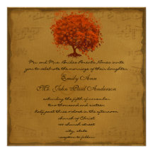 Musical Gold Orange Plum Heart Leaf Tree Weddings Invites