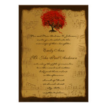 Musical Gold Orange Plum Heart Leaf Tree Weddings Invites