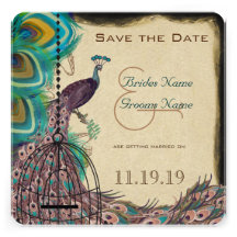 Musical Peacock Bird Cage Eggplant Save the Date Personalised Announcement