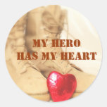 my hero has my heart round stickers