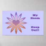 My room, keep out, purple & pink flower with heart posters