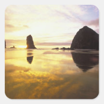 N.A., USA, Oregon, Cannon Beach Sunset with Square Sticker