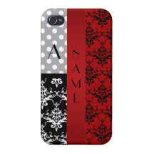 Name and monogram red damask polka dots iPhone 4 covers