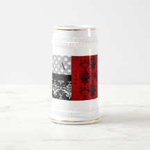 Name and monogram red damask polka dots mugs