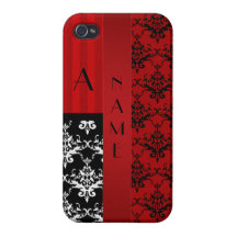 Name and monogram red damask stripes iPhone 4/4S covers